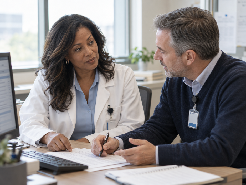 Physician advisor consulting with a clinical documentation specialist