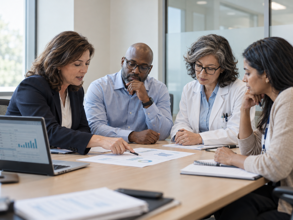 Revenue cycle leaders reviewing pre-bill analysis results in a health system meeting