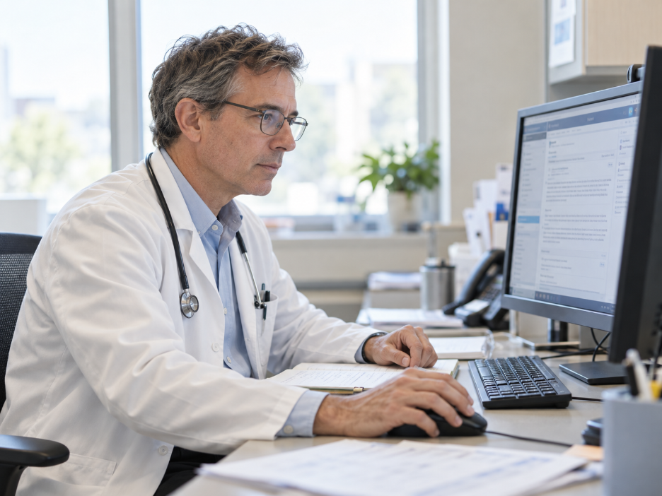 Physician reviewing clinical documentation on an electronic health records system